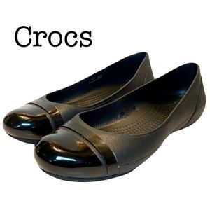 Crocs Patent Cap Toe Slip On Flats Black Womens Size 8
